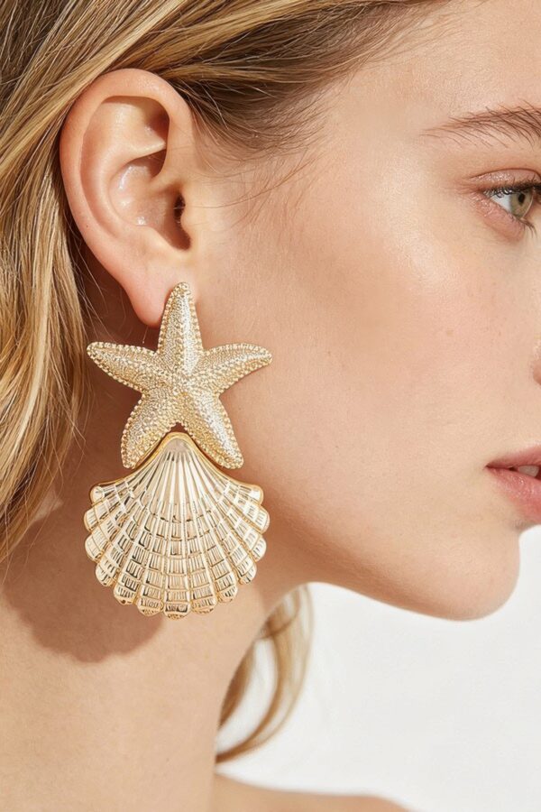 Starfish & Shell Drop Earrings - Polished Metallic
