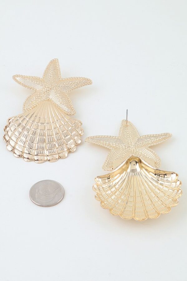 Starfish & Shell Drop Earrings - Polished Metallic
