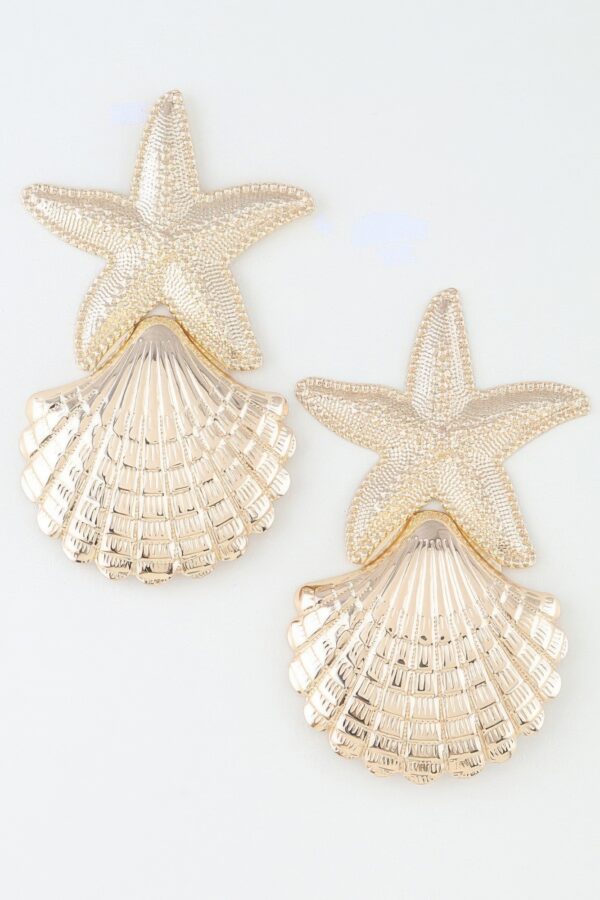 Starfish & Shell Drop Earrings - Polished Metallic