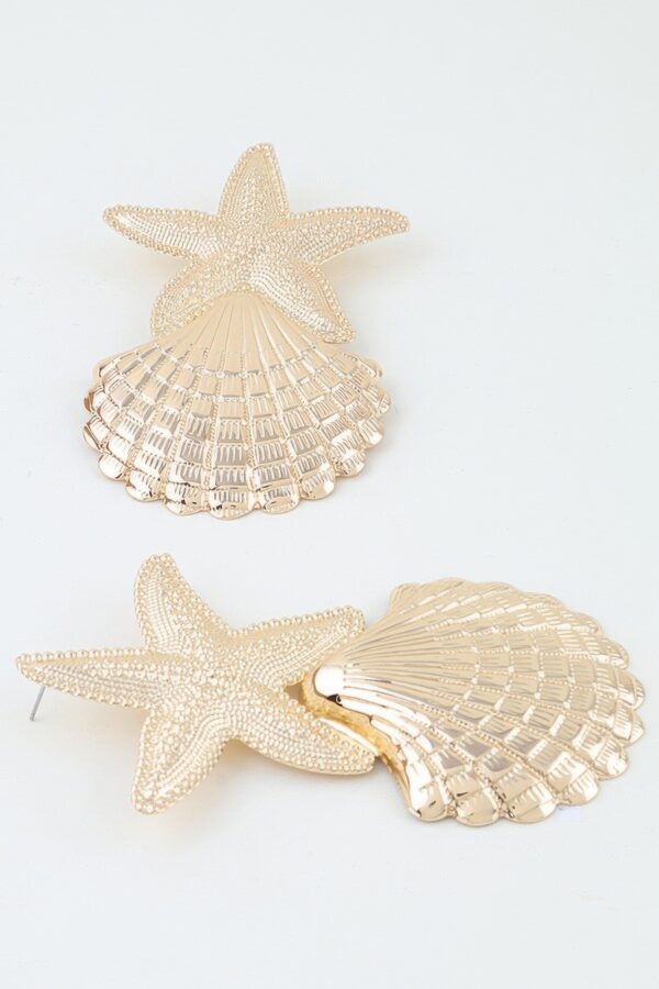 Starfish & Shell Drop Earrings - Polished Metallic