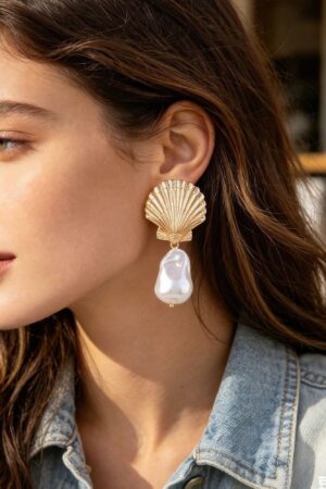 Clam Shell Pearl Drop Earrings - Irregular Pearl Accent