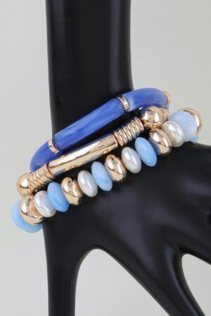 Beaded Bracelet Set - Marbled Tube & Ribbed Metal Cuff