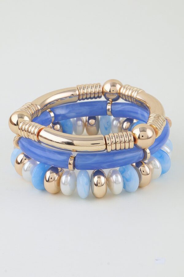 Beaded Bracelet Set - Marbled Tube & Ribbed Metal Cuff