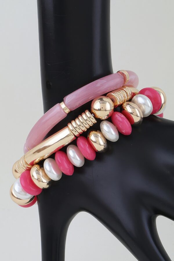 Beaded Bracelet Set - Marbled Tube & Ribbed Metal Cuff