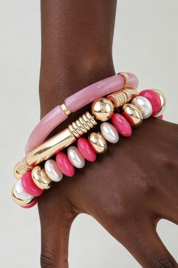 Beaded Bracelet Set - Marbled Tube & Ribbed Metal Cuff