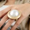 Pearl Dome Statement Ring with Hammered Frame