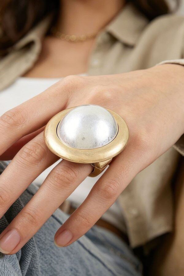 Pearl Dome Statement Ring with Hammered Frame