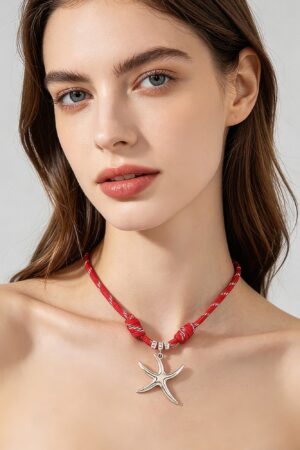 Braided Starfish Rope Necklace - Red with Gold Pendant