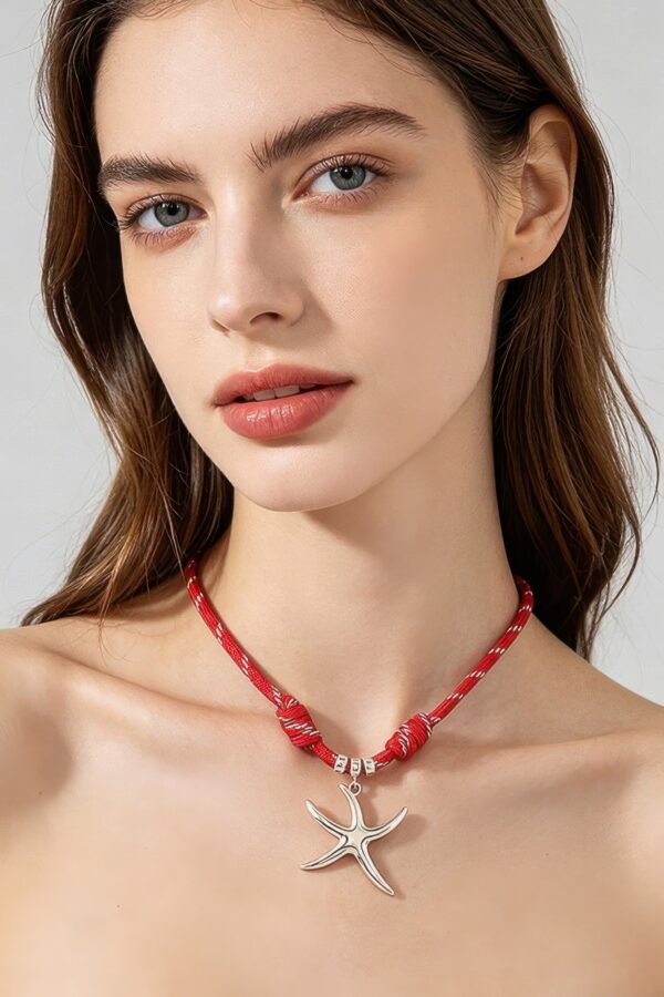 Braided Starfish Rope Necklace - Red with Gold Pendant