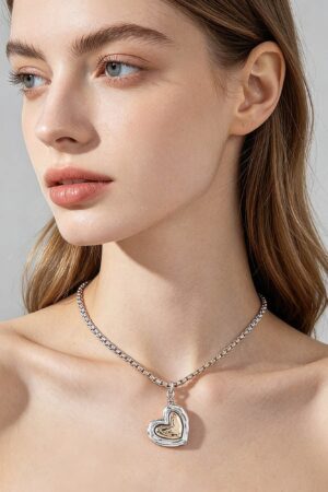 Two-Tone Hammered Heart Box Chain Necklace