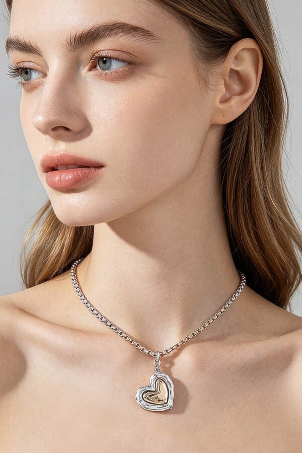 Two-Tone Hammered Heart Box Chain Necklace