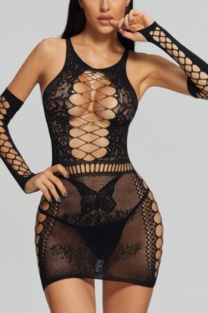 Sheer Lace Cutout Mini Dress with Matching Gloves
