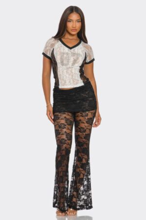 87 Lace Jersey Top - Rhinestone Trim V-Neck