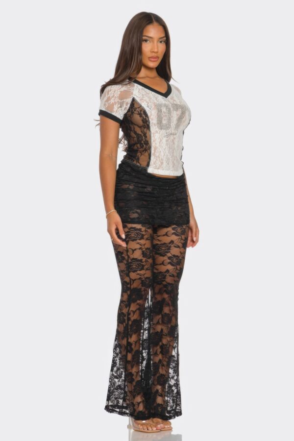 87 Lace Jersey Top - Rhinestone Trim V-Neck