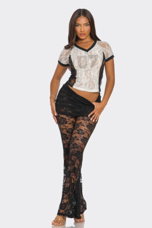 87 Lace Jersey Top - Rhinestone Trim V-Neck