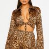 Leopard Print Two-Piece Set - Front-Tie Long Sleeve