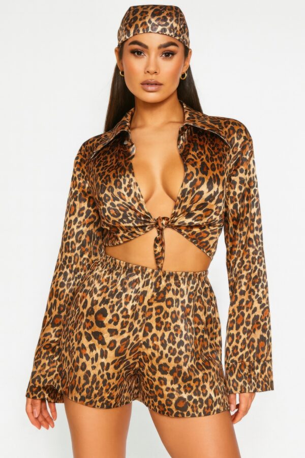 Leopard Print Two-Piece Set - Front-Tie Long Sleeve