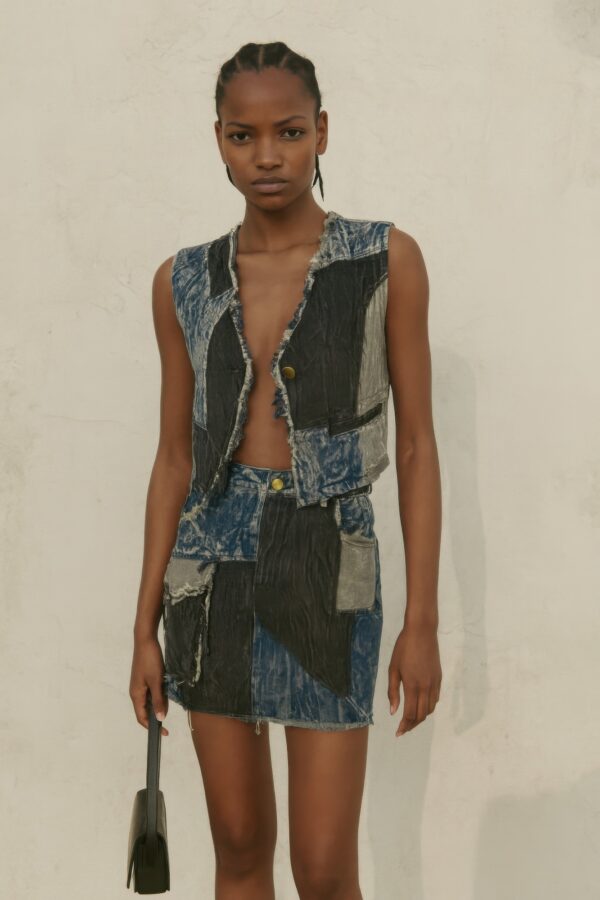 Two-Piece Denim Set - Button-Front Vest & Mini Skirt