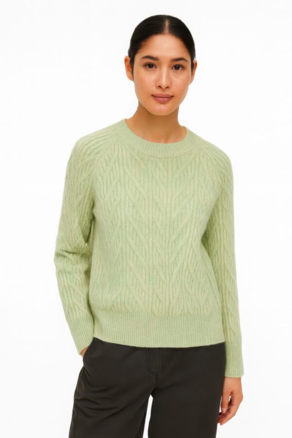 Light Green Braid Cable-Knit Sweater - High-Low Hem