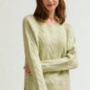 Light Green Braid Cable-Knit Sweater - High-Low Hem