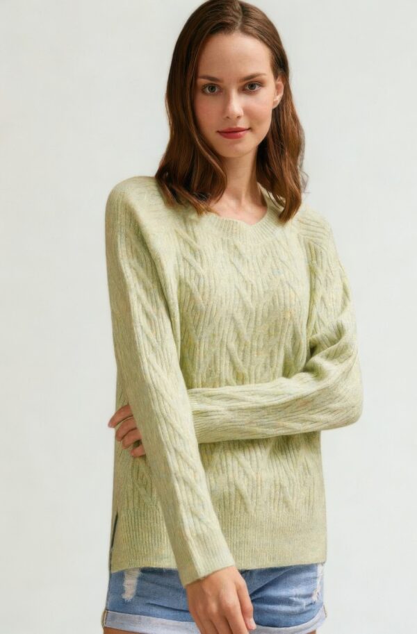 Light Green Braid Cable-Knit Sweater - High-Low Hem