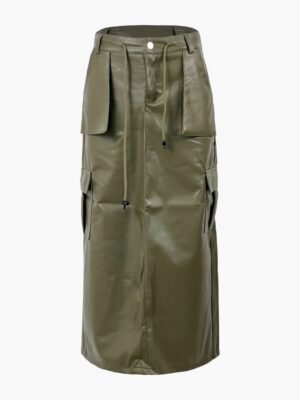 PU Front-Pocket Maxi Skirt with Drawstring