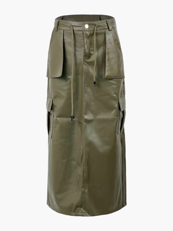 PU Front-Pocket Maxi Skirt with Drawstring
