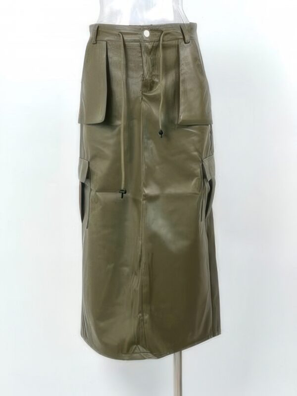 PU Front-Pocket Maxi Skirt with Drawstring