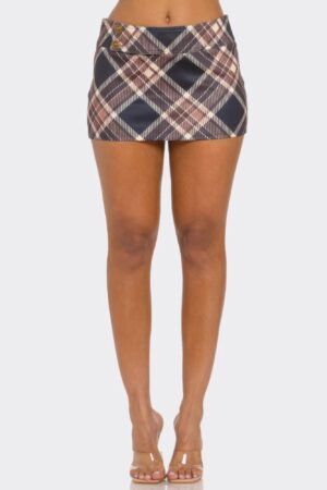 Stretch Plaid Mini Skirt - Front Button Detail