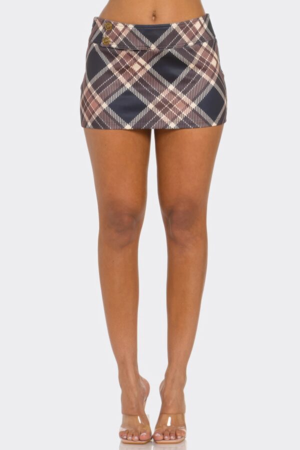 Stretch Plaid Mini Skirt - Front Button Detail