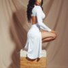 High-Slit Long-Sleeve Midi Dress with Open Back