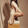 High-Slit Long-Sleeve Midi Dress with Open Back