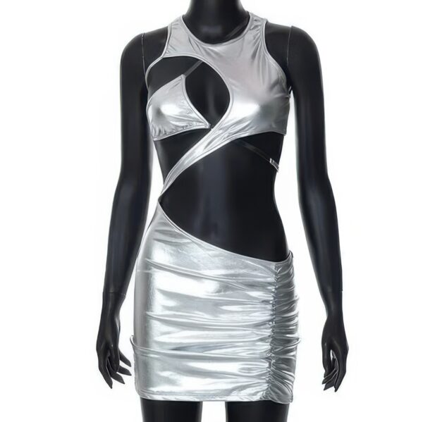 Ruched Metallic Mini Dress with Asymmetrical Hem