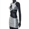 Ruched Metallic Mini Dress with Asymmetrical Hem