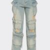 Straight-Leg Denim Cargo Jeans - Distressed Utility