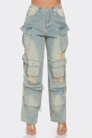 Straight-Leg Denim Cargo Jeans - Distressed Utility