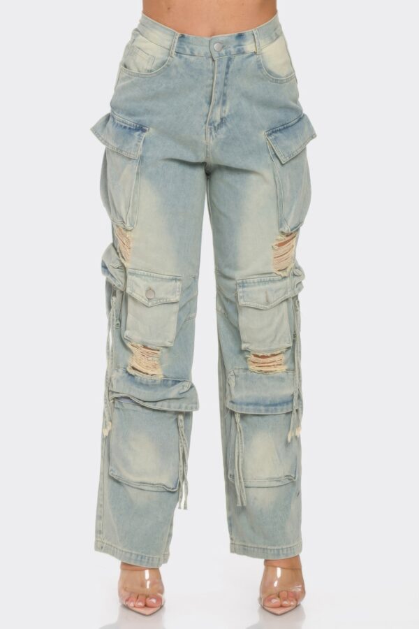 Straight-Leg Denim Cargo Jeans - Distressed Utility