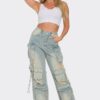Straight-Leg Denim Cargo Jeans - Distressed Utility
