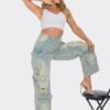 Straight-Leg Denim Cargo Jeans - Distressed Utility