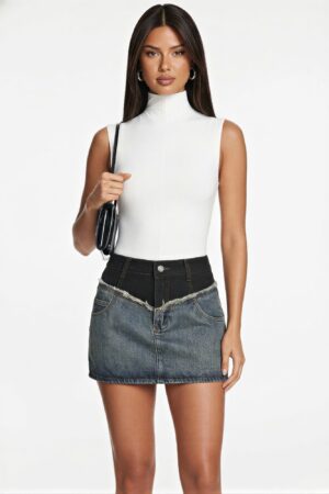 Irregular Frayed Denim Mini Skirt - Street-Ready