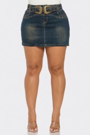 Acid-Wash Denim Mini Skirt with Belt Buckle