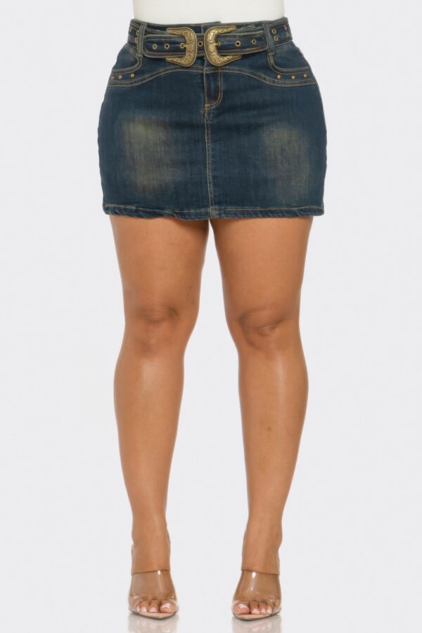 Acid-Wash Denim Mini Skirt with Belt Buckle