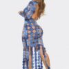 Denim-Print Cutout Maxi Dress - Long Sleeve