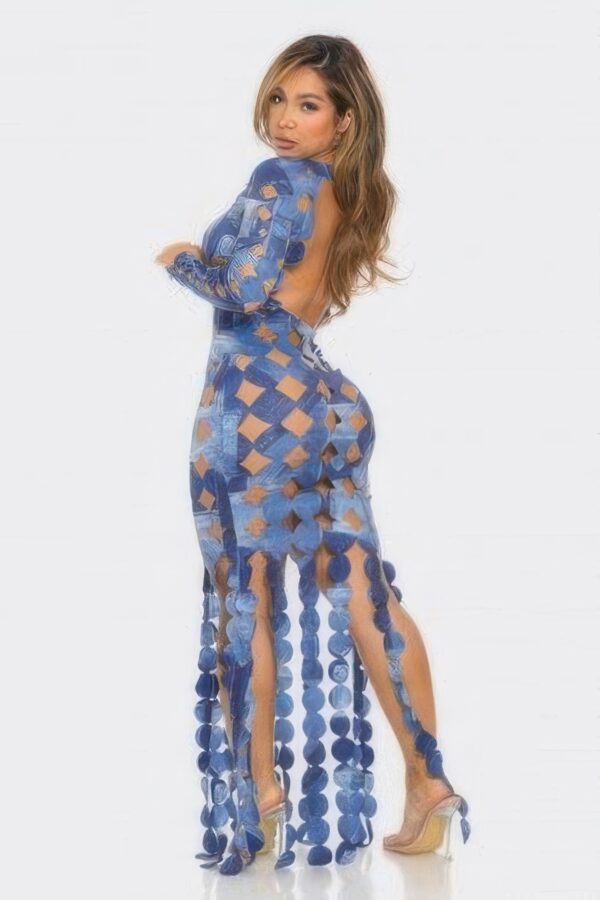 Denim-Print Cutout Maxi Dress - Long Sleeve
