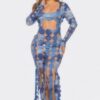 Denim-Print Cutout Maxi Dress - Long Sleeve