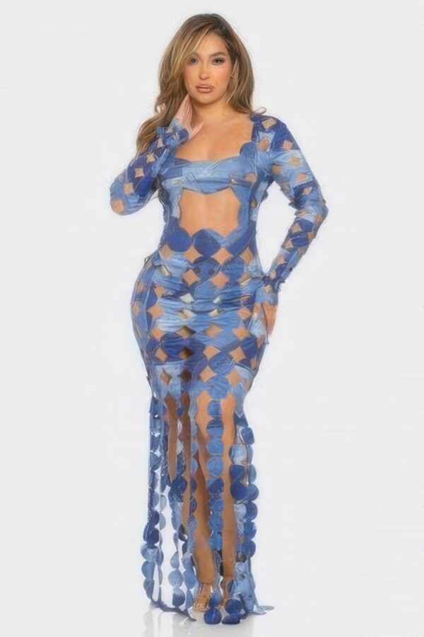 Denim-Print Cutout Maxi Dress - Long Sleeve