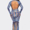 Denim-Print Cutout Maxi Dress - Long Sleeve
