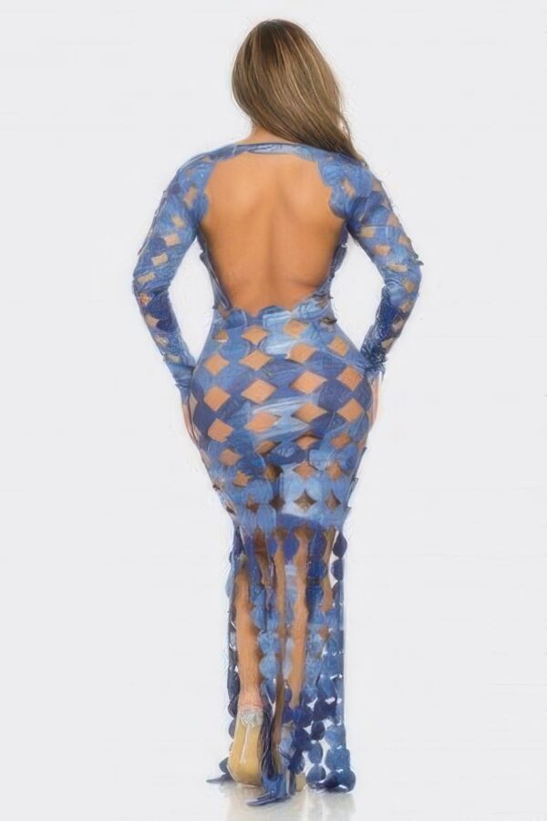 Denim-Print Cutout Maxi Dress - Long Sleeve