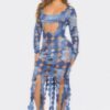 Denim-Print Cutout Maxi Dress - Long Sleeve