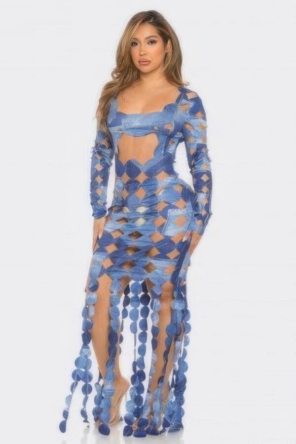 Denim-Print Cutout Maxi Dress - Long Sleeve
